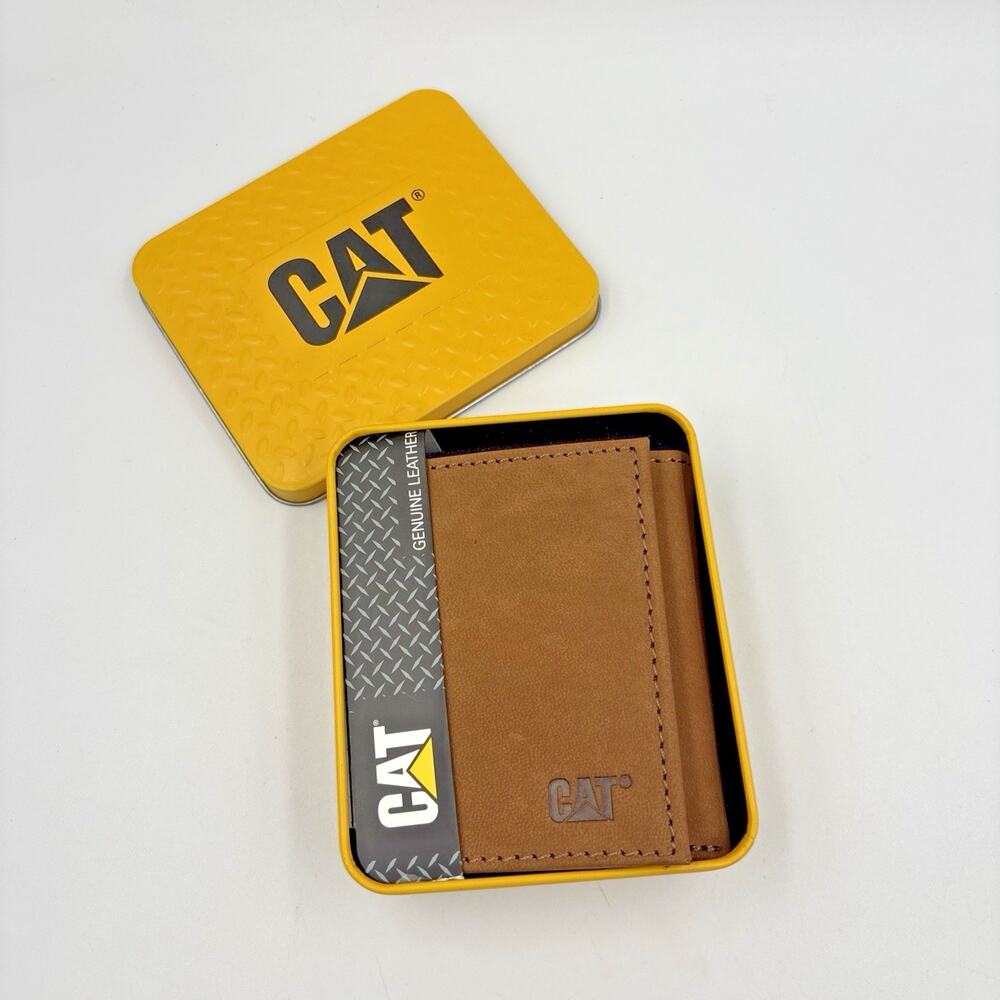 CAT Caterpillar Mens GENUINE LEATHER RFID Trifold Wallet Saddle Brown w Tincase